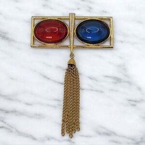 Vintage Gold Tone Gripoix Brooch Red Blue Lucite Cabochon Geometric 3.5" x 2.5"